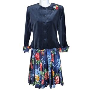 Vintage 90s Zoe LTD Girls Pre-Teen Velvet Blouse Floral Skirt Suit Blue Size 12